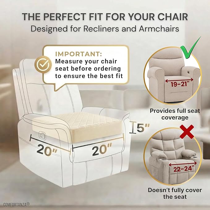 Soft 20x20x5 Memory Foam Recliner Chair Seat Cushion for Long Sitting - Armchair Pad with Washable Velvety Cover & Non-Slip Base for Seniors & Elderly - Cream
