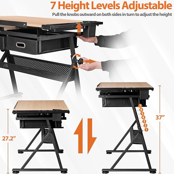 Drafting Table Drawing Desk w/Power Outlet, Art&Craft Work Station Height Adjustable Tilting Tabletop Craft Table Desk w/Stool and 2 Storage Drawers for Home Office, Natural