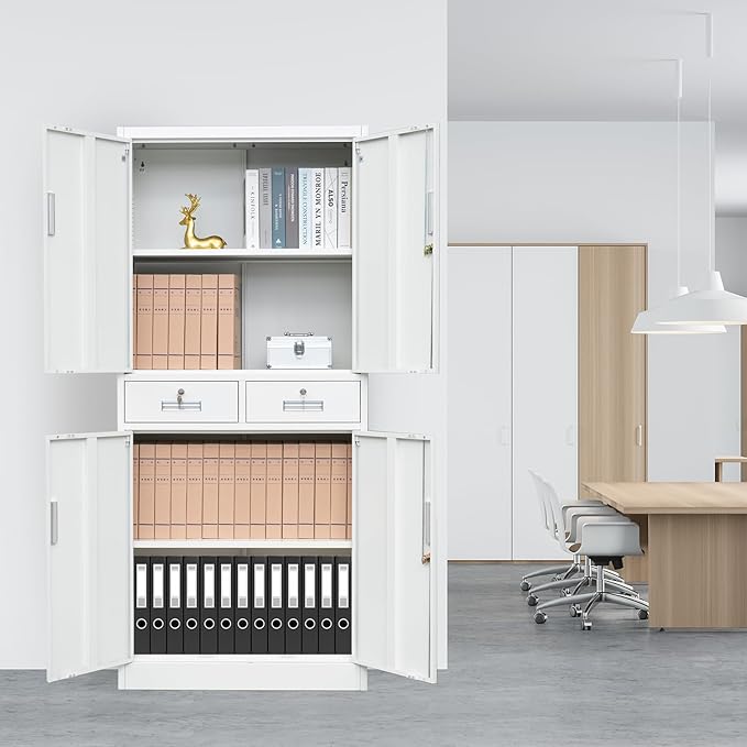 71" H Tall Metal Storage Cabinet with 2 Drawers, Metal Garage Storage Cabinet with Lock and 2 Adjustable Shelves for Home, Office, Garage, Warehouse Organize, White