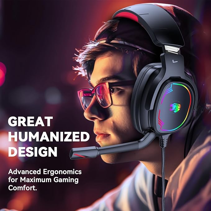 Jimonyer Gaming Headset for PC/PS4/PS5/Xbox One/Switch, Stereo Surround Sound Gaming Headphones with Noise Canceling Flexible Mic, Computer Headset with 3.5mm Jack & RGB Light(Red)