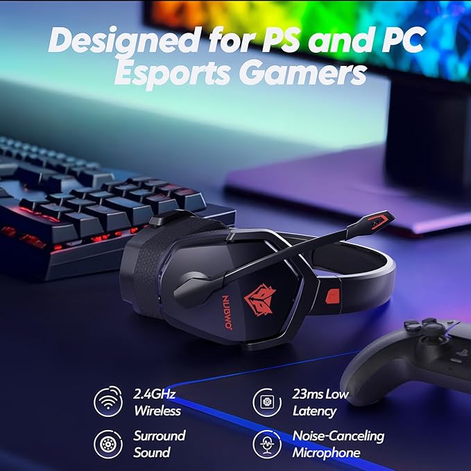 NUBWO G06 Upgraded 2.4Ghz Dongle & Wireless Gaming Headset for All-Platform - 23ms Low Latency Audio - 100-Hour of Playtime - 50mm Drivers(Black Red)