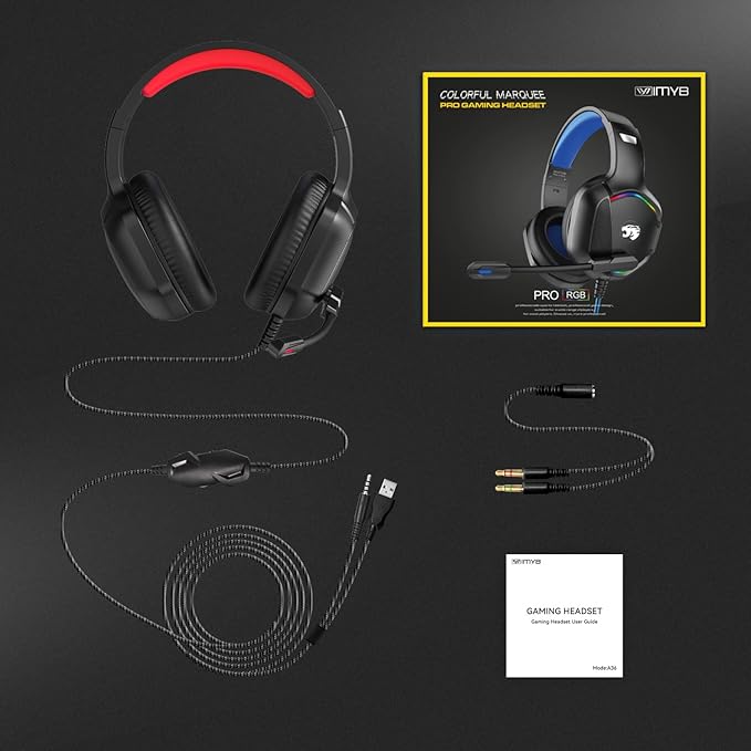 Gaming Headset with Microphone for Pc, Xbox One Series X/s, Ps4, Ps5, Switch, Stereo Wired Noise Cancelling Over-Ear Headphones with Mic, RGB, for Computer, Laptop, Mac, Nintendo (Red)