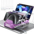 320W Charging Station for Multiple Devices, Zobirez 10-Port USB C Fast Charger Stations for MacBook, iPhone, Android Cell Phone, iPad, Tablet Family Multi-Device Organizer Charging Dock, Purple