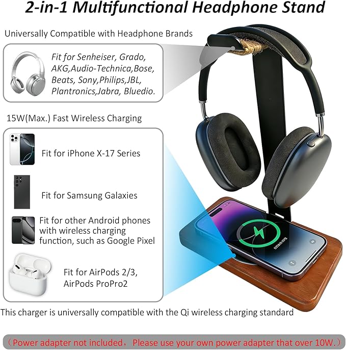 Handmade Solid Wood 2-in-1 Headset Stand with Wireless Charger 15W Max Fast,Wireless Charging Dock Compatible with iPhone 17/16/15/14 /Samsung Series,Universal Holder for All Desk Headphones