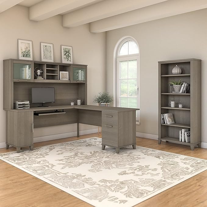Bush Home Somerset 72W L Shaped Desk with Hutch and 5 Shelf Bookcase in Ash Gray