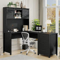Vabches Farmhouse 68" H L Shaped Desk with Hutch,Office Table with 3 Drawers and Sliding Doors, Executive Desk with File Drawers and Charging Station, Wood Workstation for Home Office and Study
