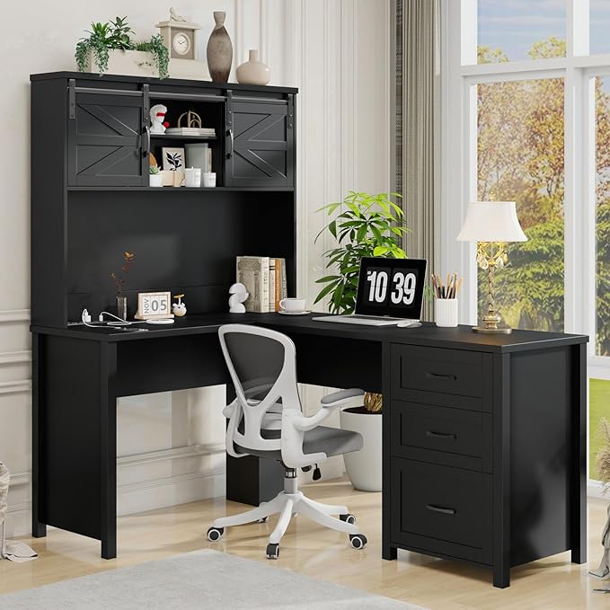Vabches Farmhouse 68" H L Shaped Desk with Hutch,Office Table with 3 Drawers and Sliding Doors, Executive Desk with File Drawers and Charging Station, Wood Workstation for Home Office and Study