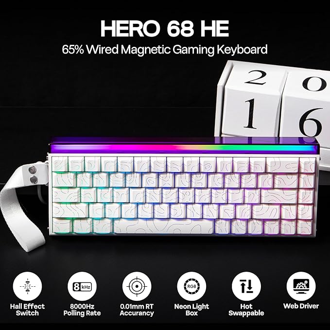 EPOMAKER Aula Hero 68 HE Wired Magnetic Gaming Keyboard, 0.01mm Adjustable Actuation, Rapid Hall Effect Switch, 8kHz Polling, 5-Layer Sound Dampening, RGB Box & Backlight (White Topographic)