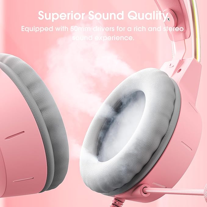 Lightweight Gaming Headset with Detachable Deer Ears, RGB Lighting, Wired Over Ear Headphones with Mic for PC, PS4, PS5, Xbox, Switch, Stereo Surround Sound, Self-Adjusting Headband