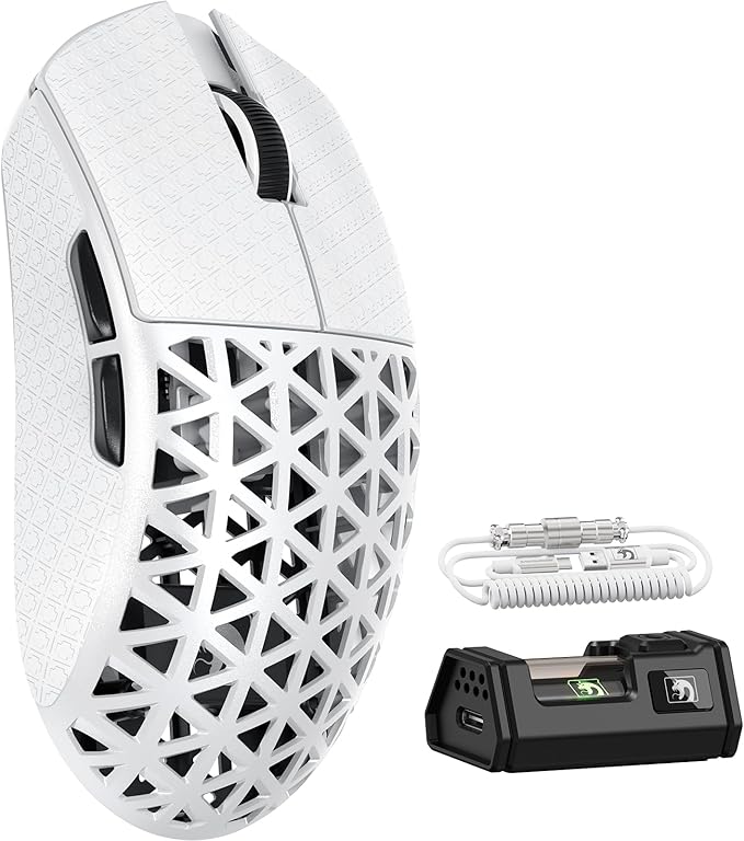 MAMBASNAKE M5 Ultra Carbon Fiber 8000Hz Wireless Gaming Mouse, 39g Superlight, 42000DPI, PAW3950MAX Sensor, Nordic 52840 Chip, Bluetooth/2.4G/USB-C Wired Mice with Coiled Cable for PC/Mac (White)