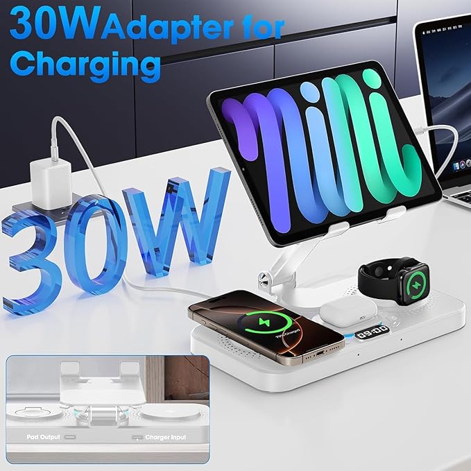 6 in 1 Wireless Charger for Apple Device, 30W Foldable Wired Charging for ipad with Clock & 7 Color Ambient Light, Nightstand Charger Station for iPhone 17/16/15/iWatch Series/AirPods 4/Pro 3(White)