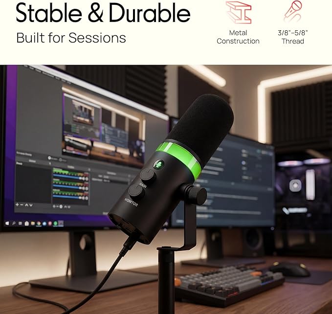 Pyle Dynamic Microphone, Dual Input USB/XLR Podcast Recording, PC Streaming Studio Mic with RGB Light, Mute Button, Desktop Stand, Headphone Jack, & Volume Control - Gaming & Voice-Over (PDMIC7B)