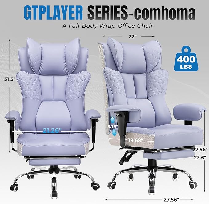 GTPLAYER Big and Tall Office Chair 400LBS Wide Ergonomic Gaming Chair with Deluxe Embossing Designed Leather with Foot Rest,150°Reclining Adjustable Soft Armrests Pocket Spring Back Support and Pillow