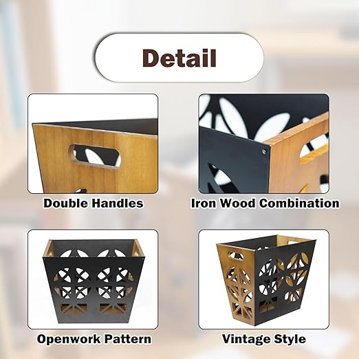 Wood Office Trash Can,Retro Bedroom Trash Can Decorative Bathroom Waste Basket with Handle Small Paper Wastebasket Rectangular Reclaimed Iron and Wood Storage Basket