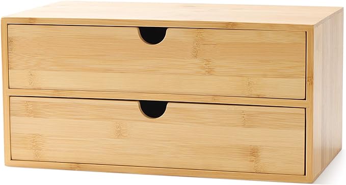 Wisuce Bamboo Desk Drawer Organizer, Desktop Organizer with Drawers Tabletop Storage Organization Box for Office Home Toiletries Supplies Vanity, No Assembly Required(2 Drawers)