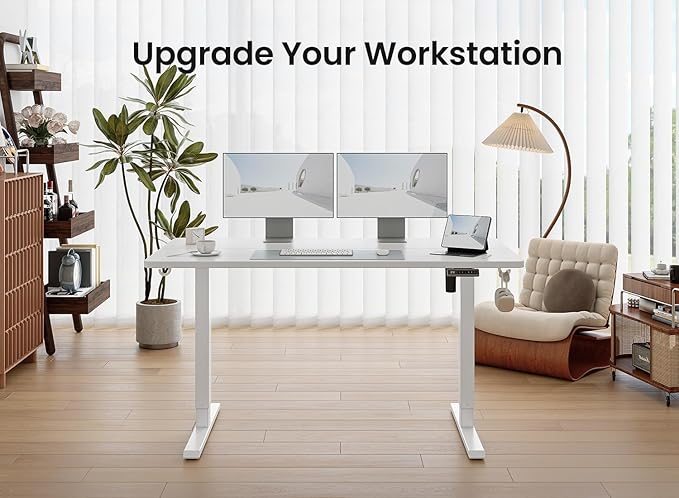 BANTI 63 × 28 Inches Standing Desk, Ergonomic, Electric Height Adjustable, Sit and Stand Up, Computer Desk with a Deeper Desktop, White Frame/Whitetop