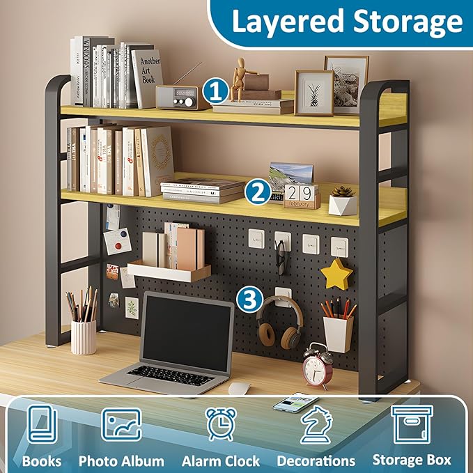 Desktop Hutch Bookshelf with Pegboard,Desk Organizer Shelf Bookcase, Countertop Storage Organizer Rack for Dorm Office Home Dormitory (Black, 95CM/37.4IN)