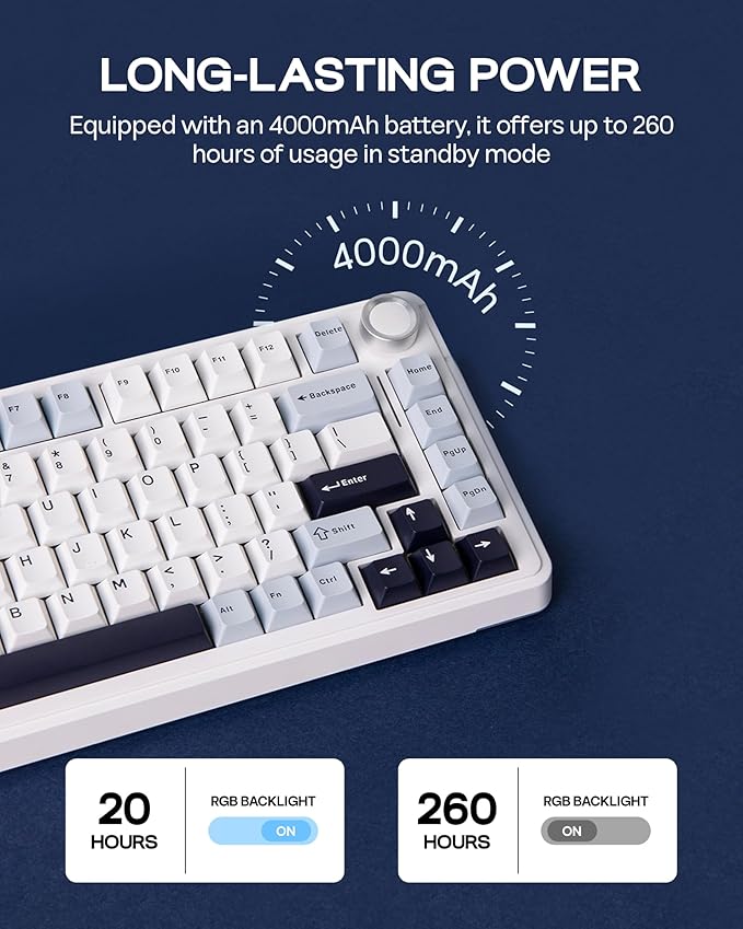 EPOMAKER EA75 75% RGB Gaming Mechanical Keyboard, 2.4GHz/Type-C/BT Creamy Wireless Keyboard with Knob, Shine Through PBT Keycaps, Hot Swappable for Gamers (Light Blue, Reaper Switch)