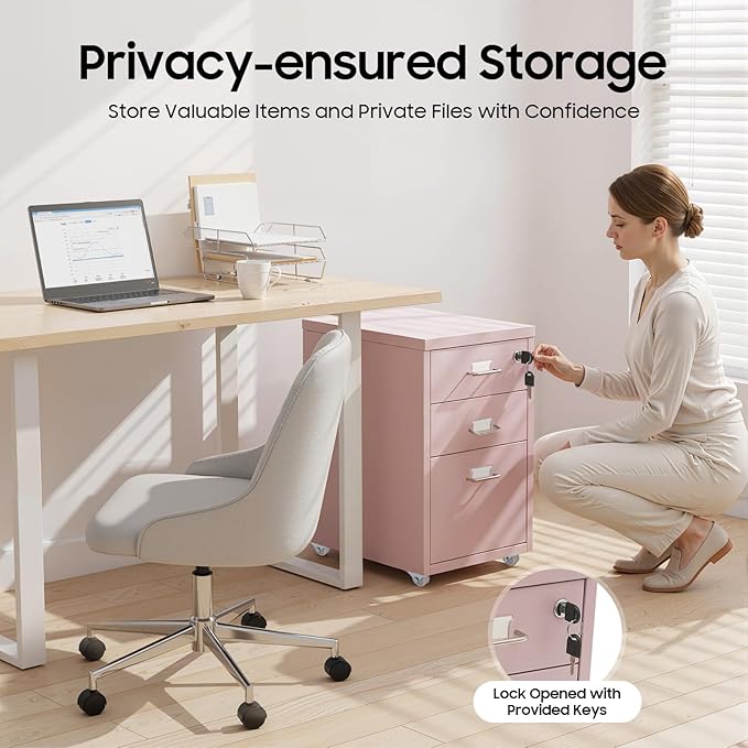 Vertical File Cabinet, 3-Drawer Metal Mobile File Cabinet with Lock, 11 * 16 * 18.3In Filing Cabinet Under Desk with Tag Jacks for Home Office (Pink)