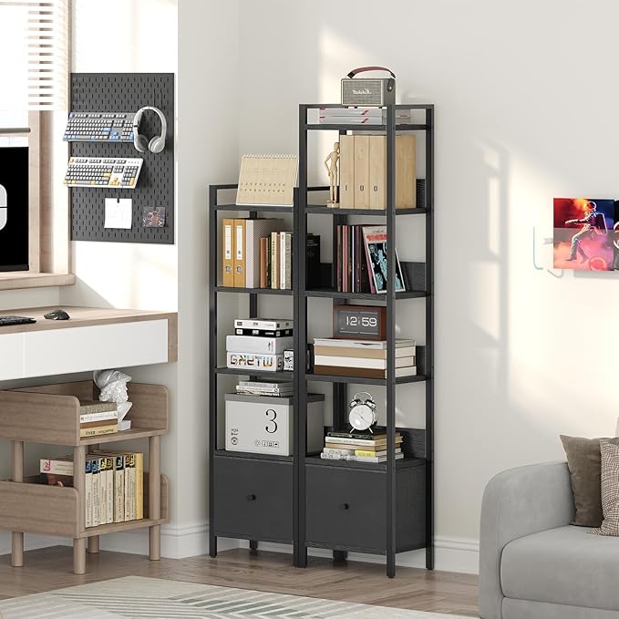 MAHANCRIS Bookshelf, 5-Tier Bookcase with Drawer, Small Book Shelf for Small Space, Storage Shelf Organizer, for Living Room, Bedroom, Study, Kitchen, Black BKHB55101