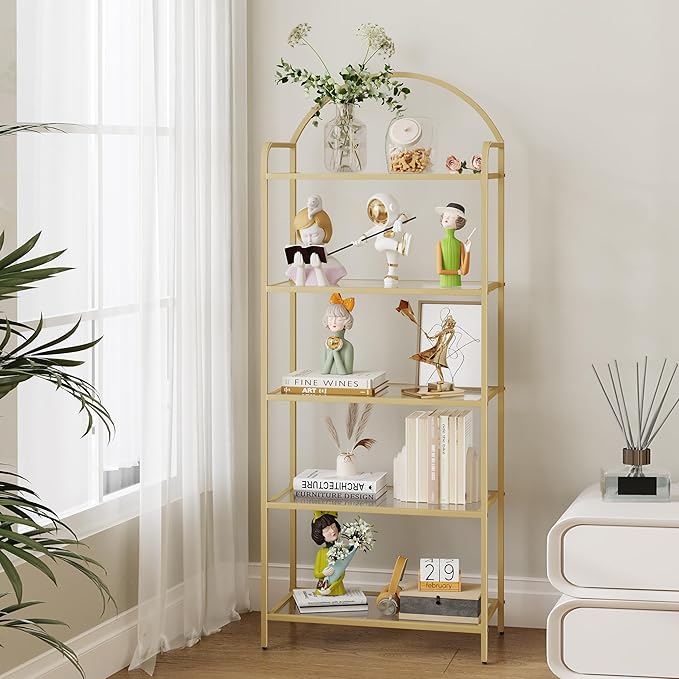 Hzuaneri Bookcase Bookshelf, Tempered Glass Bookshelves, Slim Shelving Unit for Bedroom, Bathroom, Home Office, Steel Frame, 5 Tier Gold BC21599G