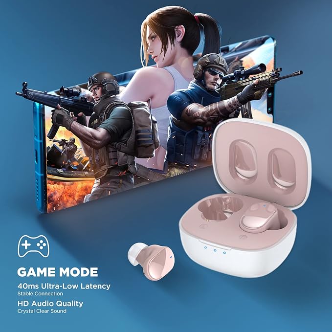 HTC True Wireless Earbuds 7 Bluetooth 5.3, Stereo Earphones 10mm Driver with Deep Bass, 40ms Ultra Low Latency for Gaming, Running - 22H Playtime/Touch Control/Game Modes/Built-in Mic - Pink