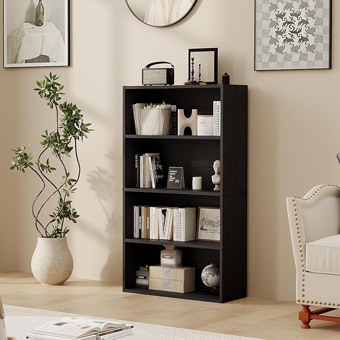 Sweetcrispy Industrial 4 Shelf Bookcase - Large 42.1 Inch Tall Floor Standing Open Bookshelf for Home Office, Living Room, and Bedroom Storage, Classic Black