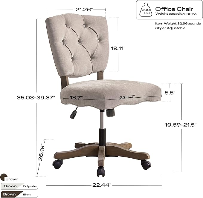 HUIMO Upholstered Swivel Desk Chair Chenille Tufted Fabric Home Office Chair with Wheels Adjustable Height Classic Task Chair with Wooden Legs Comfortable Armless Chair for Studio Study (Brown)
