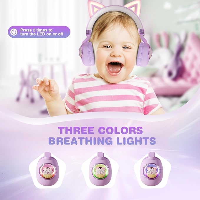 Xmenha Cat Ear Headphones for Kids, Cute Children Girl Wireless Bluetooth Headphones for School, Purple Kindergarten Light up Kawaii Kitty Noise Cancelling Headphones for Kids Teens Child Airplane