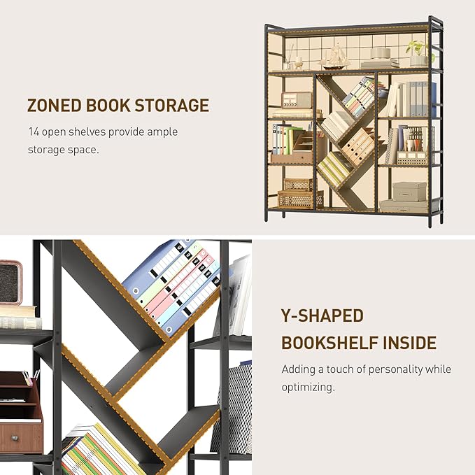 RALGEND Triple 5-Tier Bookshelf, Industrial Large Wide Bookcase with 14 Open Display Shelves, Modern Tree Bookcase Metal Frame Bookshelf with Hanging Function for Living Room Home Office, Black