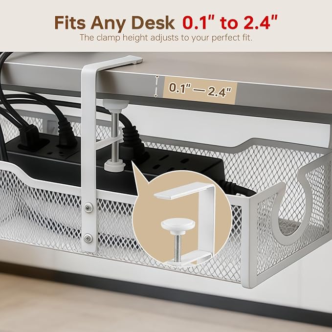 Upgraded 25.2'' Under Desk Cable Management Tray, No Drill Clamp-On Design Wire Organizer, Cable Organization Box for No Damage to Desk, Metal Cord Organizer for Home Office, White