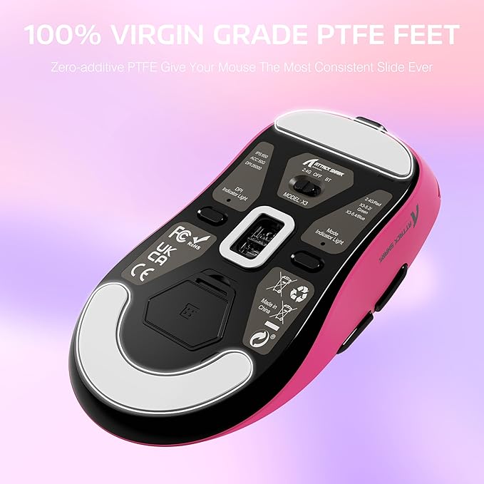 ATTACK SHARK X3 Lightweight Wireless Gaming Mouse with Tri-Mode 2.4G/USB-C Wired/Bluetooth,Up to 26K DPI, PAW3395 Optical Sensor,Kailh GM8.0 Switch,5 programmable Buttons for PC/Win/Mac(Berry Red)