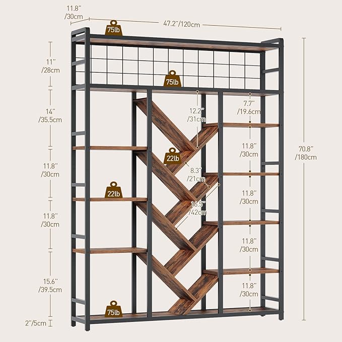 RALGEND Triple 7-Tier Bookshelf, Industrial Large Bookcase with 20 Open Display Shelves, Modern Tree Bookcase with Metal Frame and Hanging Function for Living Room, Home Office, Rustic Brown and Black