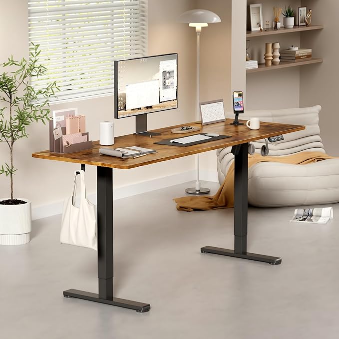 YESHOMY Height Adjustable Electric Standing Desk, 63 x 24 Inches Memory Home Office Sit Stand up Desk with Phone Holder and USB Charging Port, Rustic Brown