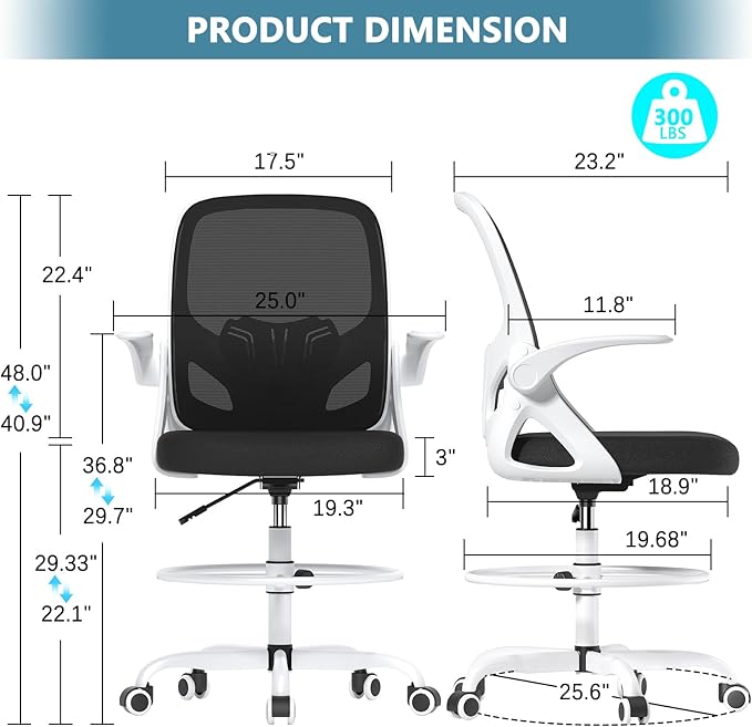 Kensaker Drafting Chair Tall Office Chair, Ergonomic Standing Desk Chair with Adjustable Foot Ring and Flip-up Armrests, Mesh Computer Chair for Art Studio, 300 LBS, White
