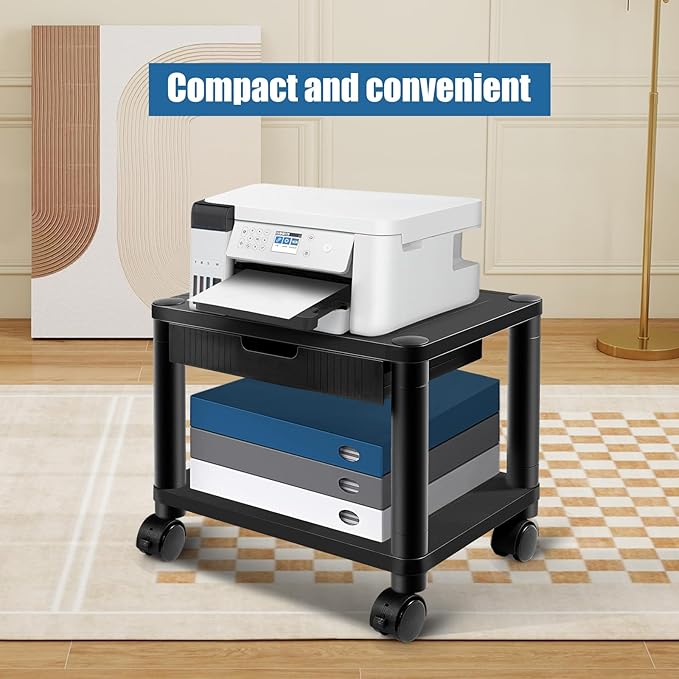 Under Desk Printer Stand with Wheels, Rolling Printer Cart with Lockable Wheels, 2-Tier Printer Table with Storage Drawer for Home&Office (Black)