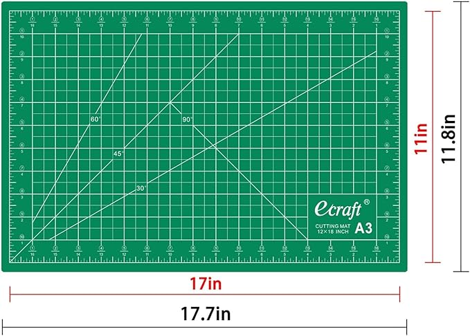 Ecraft Self-Healing Cutting Mat 12x18 Inch, Double-Sided 5-Ply Gridded Rotary Cutting Board, Non-Slip Surface for Sewing, Quilting & Crafts, Green/Black