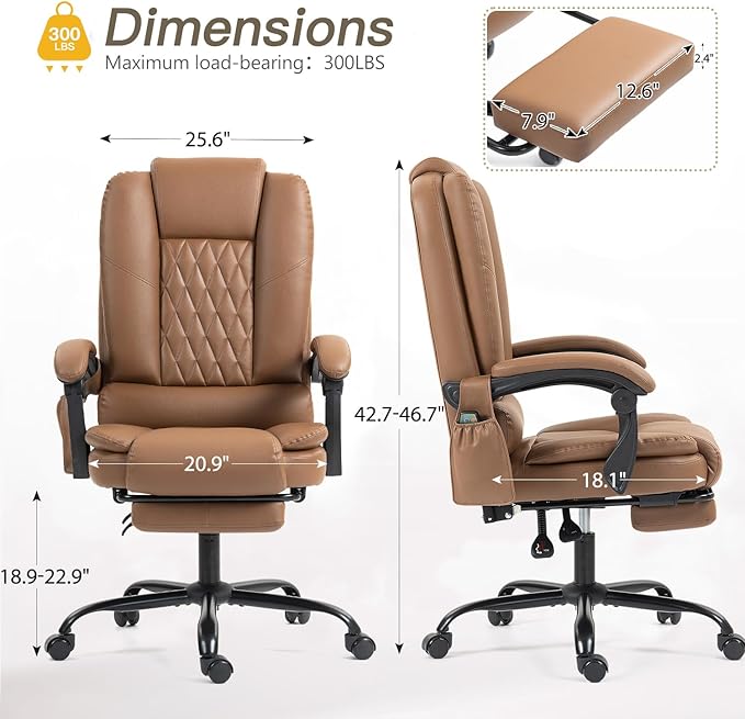 6-Point Heated Massage Office Chair with Footrest, Ergonomic Home Desk Chair with Lumbar Support, Executive High Back PU Leather Computer Chair with Armrest & Reclining, Brown