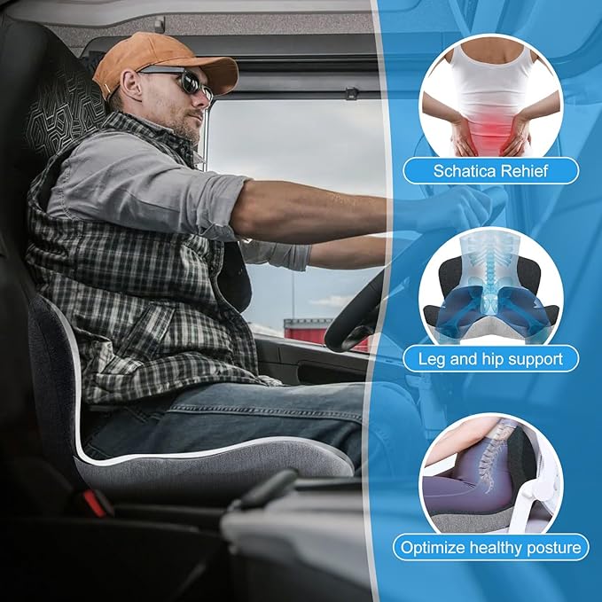 Truck Seat Cushion, Memory Foam L Shaped Seat Cushion, Cushion Lab Ergonomic Back Support & Sciatica Relief for Long Drives, Semi Truck Driver Accessories (Black Gray)