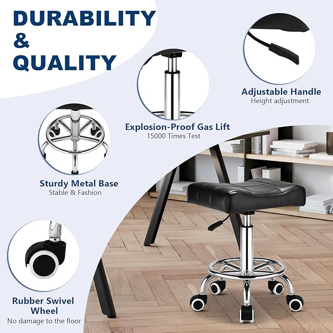 Square Salon Rolling Stool - 300lbs Weight Capacity，Adjustable Swivel Stool with Wheel，Pu Leahter Comfortable Cutting Stools for Salon Tattoo Stylist Massage Perfect for Work SPA (Black)