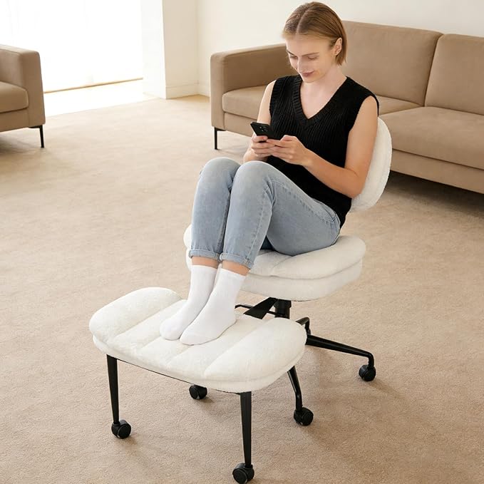 Criss Cross Chair with Footrest, 360° Swivel Faux Shearling Office Chair, Extra Wide Seat with Sofa-Like Comfort, Ergonomic Cross Legged Desk Chair for Cozy Reading, Meditation