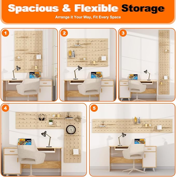 AMSXNOO Wood Pegboard Wall Organizer Panels, Wooden Pegboard Combination Wall Organizer Kit, Display Peg Board Panel Kits for Office Bedroom Livingroom Studyroom (Wooden Color, 31.5X47.2IN/80X120CM)