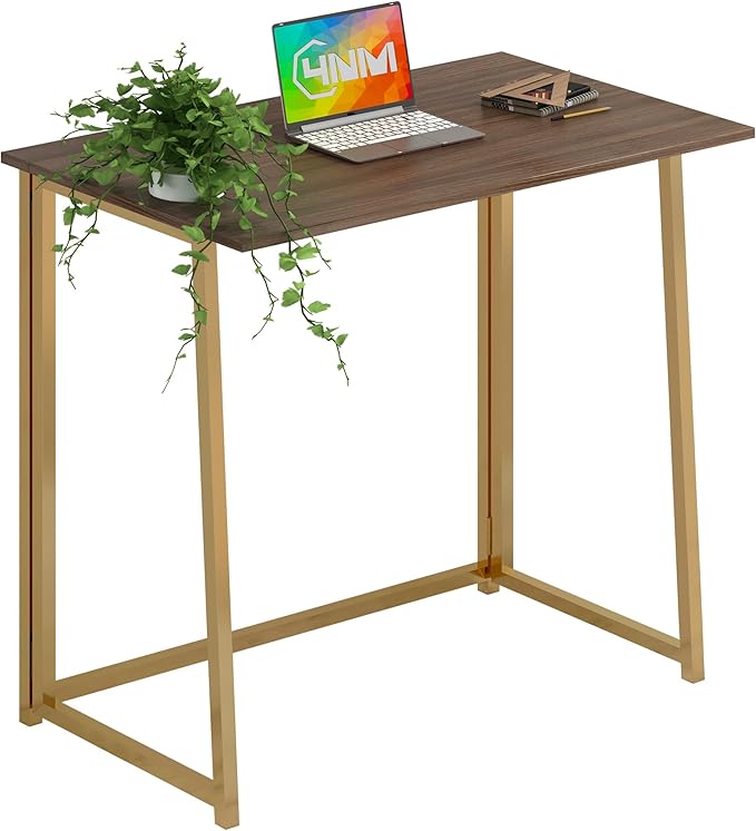 4NM 31.5" Small Folding Desk, Foldable Computer Home Office Desk, Study Writing Table for Small Space Saving Bedroom, Easy Assembly - Brown and Golden