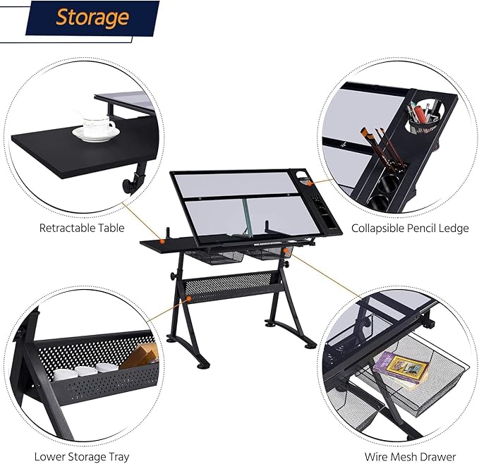 Garvee Drafting Table w/Stool, Height Adjustable Drawing Table, Multifunctional Art Craft Paintings Work Station w/2 Storage Drawers, 0-75° Tilting Glass Tabletop for Home Office, Black