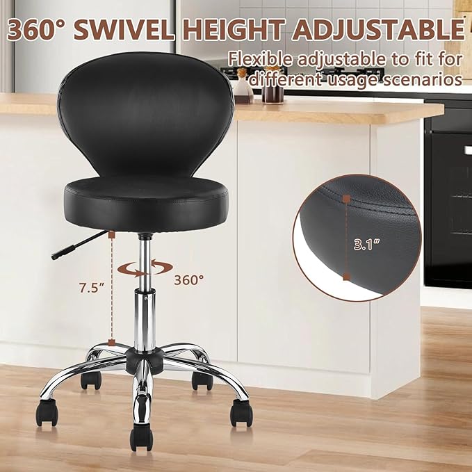 KLASIKA Leather Rolling Salon Stool with Back Support and Wheels Adjustable Height Swivel Spa Stools for Office Massage Facial Medical Drafting Tattoo Beauty Barber Lab Doctor Clinic Tattoo, Black