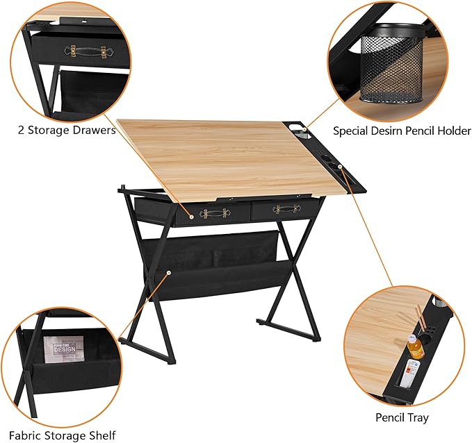 VECELO Drafting Table Art Desk Art Table Adjustable Drawing Table Tilted Tabletop with 2 Storage Drawers and Stool, Drawing Desk for Artist Painters Drawing, Crafting, Reading, Writing, Natural