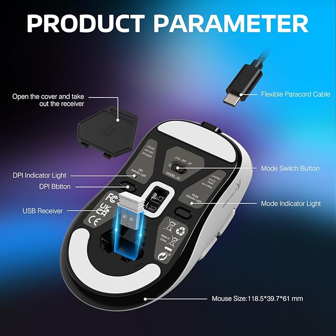 ATTACK SHARK X3 Lightweight Wireless Gaming Mouse with Tri-Mode 2.4G/USB-C Wired/Bluetooth,26K DPI, PAW3395 Optical Sensor,Kailh GM8.0 Switch,5 programmable Buttons for PC/Win/Mac(White)