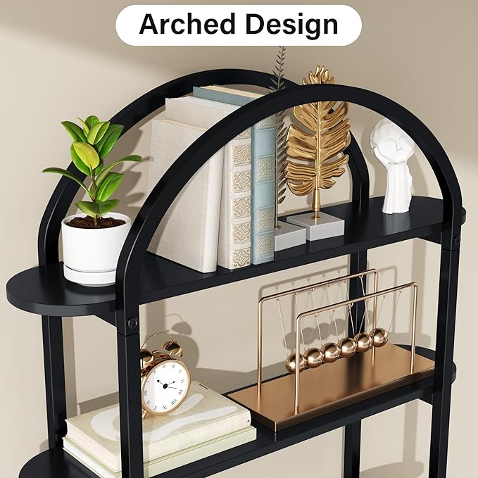 Jehiatek Arched Bookshelf Bookcase, 71 Inches Tall Industrial Book Shelf with Sturdy Metal Frame, E1 Quality Boards, Freestanding Display Shelving Unit, Black