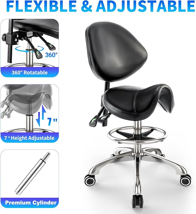 Saddle Chair with Back Support - Tilted Backrest, Adjustable Foot Rest, 350 LBS Capacity Ergonomic, 360° Swivel Drafting Chair for Salon, Spa, Massage, Tattoo, Facial lash, Home, Dentist (Black)