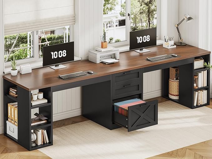SEDETA Farmhouse 96.5" Office Desk with Drawers, 2 Person Gaming Desk with Storage, Double Computer Desk with Storage Drawers, Long Two Person Writing Desk, Black